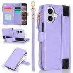 For iPhone 16 Wristband Holder Zipper Purse RFID Leather Phone Case(Purple)