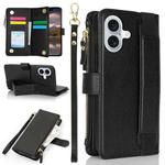 For iPhone 16 Plus Wristband Holder Zipper Purse RFID Leather Phone Case(Black)