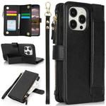 For iPhone 16 Pro Wristband Holder Zipper Purse RFID Leather Phone Case(Black)