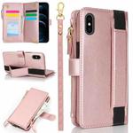 For iPhone XS / X Wristband Holder Zipper Purse RFID Leather Phone Case(Rose Gold)