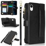 For iPhone XR Wristband Holder Zipper Purse RFID Leather Phone Case(Black)