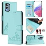 For Nokia X30 5G Cat Rat Embossed RFID Leather Phone Case with Lanyard(Mint Green)