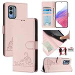 For Nokia X30 5G Cat Rat Embossed RFID Leather Phone Case with Lanyard(Pink)