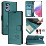 For Nokia X30 5G Cat Rat Embossed RFID Leather Phone Case with Lanyard(Peacock Green)