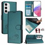 For Samsung Galaxy S24 FE 5G Cat Rat Embossed RFID Leather Phone Case with Lanyard(Peacock Green)