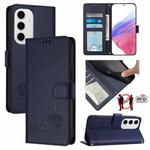 For Samsung Galaxy S24 FE 5G Cat Rat Embossed RFID Leather Phone Case with Lanyard(Blue)