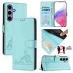 For Samsung Galaxy S25 5G Cat Rat Embossed RFID Leather Phone Case with Lanyard(Mint Green)