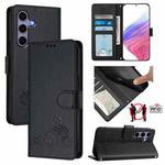 For Samsung Galaxy S25 5G Cat Rat Embossed RFID Leather Phone Case with Lanyard(Black)