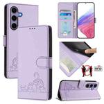 For Samsung Galaxy S25 5G Cat Rat Embossed RFID Leather Phone Case with Lanyard(Purple)