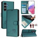 For Samsung Galaxy S25+ 5G Cat Rat Embossed RFID Leather Phone Case with Lanyard(Peacock Green)