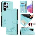 For Samsung Galaxy S25 Ultra 5G Cat Rat Embossed RFID Leather Phone Case with Lanyard(Mint Green)