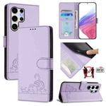 For Samsung Galaxy S25 Ultra 5G Cat Rat Embossed RFID Leather Phone Case with Lanyard(Purple)