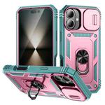 For iPhone 16 Sliding Camshield TPU + PC Phone Case with Holder(Green+Pink)