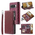 For Google Pixel 9 Pro XL Grid Texture Zipper Leather Phone Case with Lanyard(Wine Red)