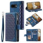 For Google Pixel 9a Grid Texture Zipper Leather Phone Case with Lanyard(Blue)