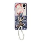 For Honor Magic V Flip Embroidery Style Full Coverage Phone Case with Ring Bead Chain(Blue)