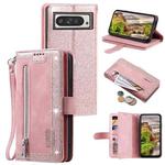 For Google Pixel 9 Pro XL Zipper Wallet Bag Horizontal Flip PU Phone Case with 9 Card Slots(Rose Gold)