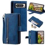 For Google Pixel 9 Pro XL Zipper Wallet Bag Horizontal Flip PU Phone Case with 9 Card Slots(Blue)