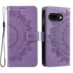 For Google Pixel 9a Totem Flower Embossed Leather Phone Case with Lanyard(Purple)