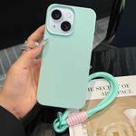 For iPhone 15 Plus Leather Texture TPU Full Coverage Phone Case with Lanyard(Green)