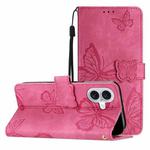 For iPhone 16 Plus Skin-feel Embossed Butterfly Leather Phone Case(Rose Red)