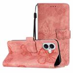 For iPhone 16 Plus Skin-feel Embossed Butterfly Leather Phone Case(Pink)