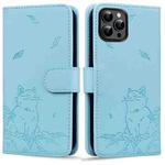 For iPhone 16 Pro Cute Cat Embossed Leather Phone Case(Sky Blue)