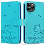 For iPhone 16 Pro Cute Cat Embossed Leather Phone Case(Lake Blue)