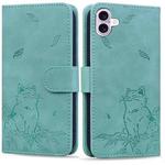 For iPhone 16 Plus Cute Cat Embossed Leather Phone Case(Green)