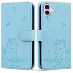 For iPhone 16 Plus Cute Cat Embossed Leather Phone Case(Sky Blue)