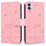 For iPhone 16 Cute Cat Embossed Leather Phone Case(Pink)