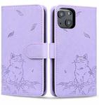 For iPhone 15 Plus Cute Cat Embossed Leather Phone Case(Purple)