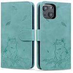 For iPhone 15 Cute Cat Embossed Leather Phone Case(Green)