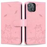 For iPhone 15 Cute Cat Embossed Leather Phone Case(Pink)