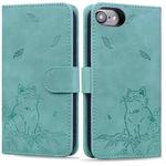 For iPhone 7 / 8 / SE 2022 Cute Cat Embossed Leather Phone Case(Green)