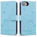 For iPhone 7 / 8 / SE 2022 Cute Cat Embossed Leather Phone Case(Sky Blue)