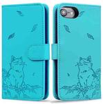 For iPhone 7 / 8 / SE 2022 Cute Cat Embossed Leather Phone Case(Lake Blue)