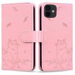 For iPhone 12 / 12 Pro Cute Cat Embossed Leather Phone Case(Pink)