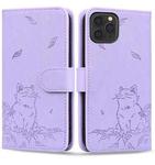 For iPhone 12 Pro Max Cute Cat Embossed Leather Phone Case(Purple)