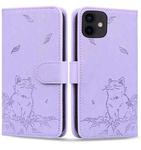 For iPhone 12 mini Cute Cat Embossed Leather Phone Case(Purple)