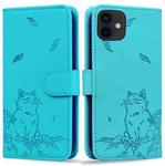 For iPhone 12 mini Cute Cat Embossed Leather Phone Case(Lake Blue)