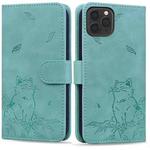 For iPhone 11 Pro Cute Cat Embossed Leather Phone Case(Green)