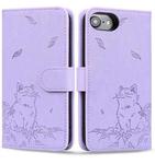 For iPhone SE 2024 Cute Cat Embossed Leather Phone Case(Purple)