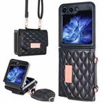 For Samsung Galaxy Z Flip5 VIETAO Rhombic Texture Wallet PU Phone Case with Long Lanyard(Black)