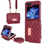 For Samsung Galaxy Z Flip5 VIETAO Rhombic Texture Wallet PU Phone Case with Long Lanyard(Red)