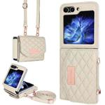 For Samsung Galaxy Z Flip5 VIETAO Rhombic Texture Wallet PU Phone Case with Long Lanyard(Beige)