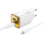 hoco N52 Monsoon Dual Port PD20W Type-C, QC3.0 USB Charger with 1m 8 Pin Cable, EU Plug(White)