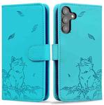 For Samsung Galaxy S24 5G Cute Cat Embossed Leather Phone Case(Lake Blue)