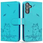 For Samsung Galaxy S24+ 5G Cute Cat Embossed Leather Phone Case(Lake Blue)