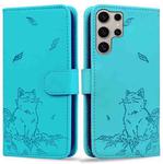 For Samsung Galaxy S24 Ultra 5G Cute Cat Embossed Leather Phone Case(Lake Blue)